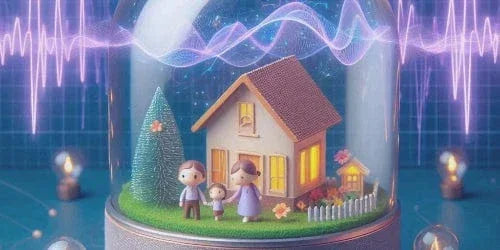 Miniature house with family inside a glass dome, surrounded by decorative elements and electronic components.
